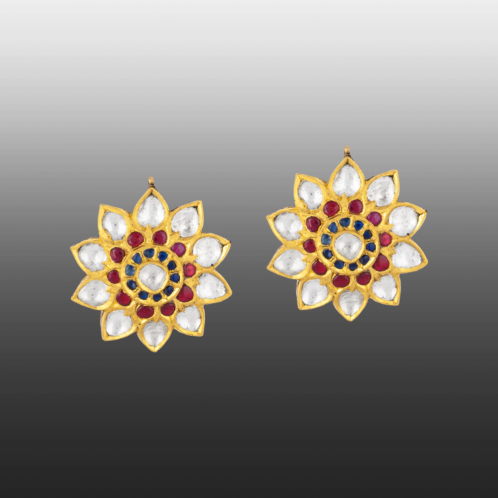 Floral Polki Studs with Red-Blue Talaf & Polki Petals